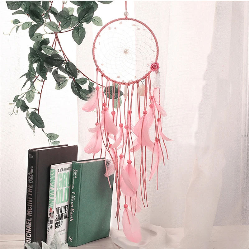 

Sweet Pink Feathers Dream Catcher Beads Shell Embellished Long Tassel Pendant Handwoven Hanging Decoration for Home or As Gift