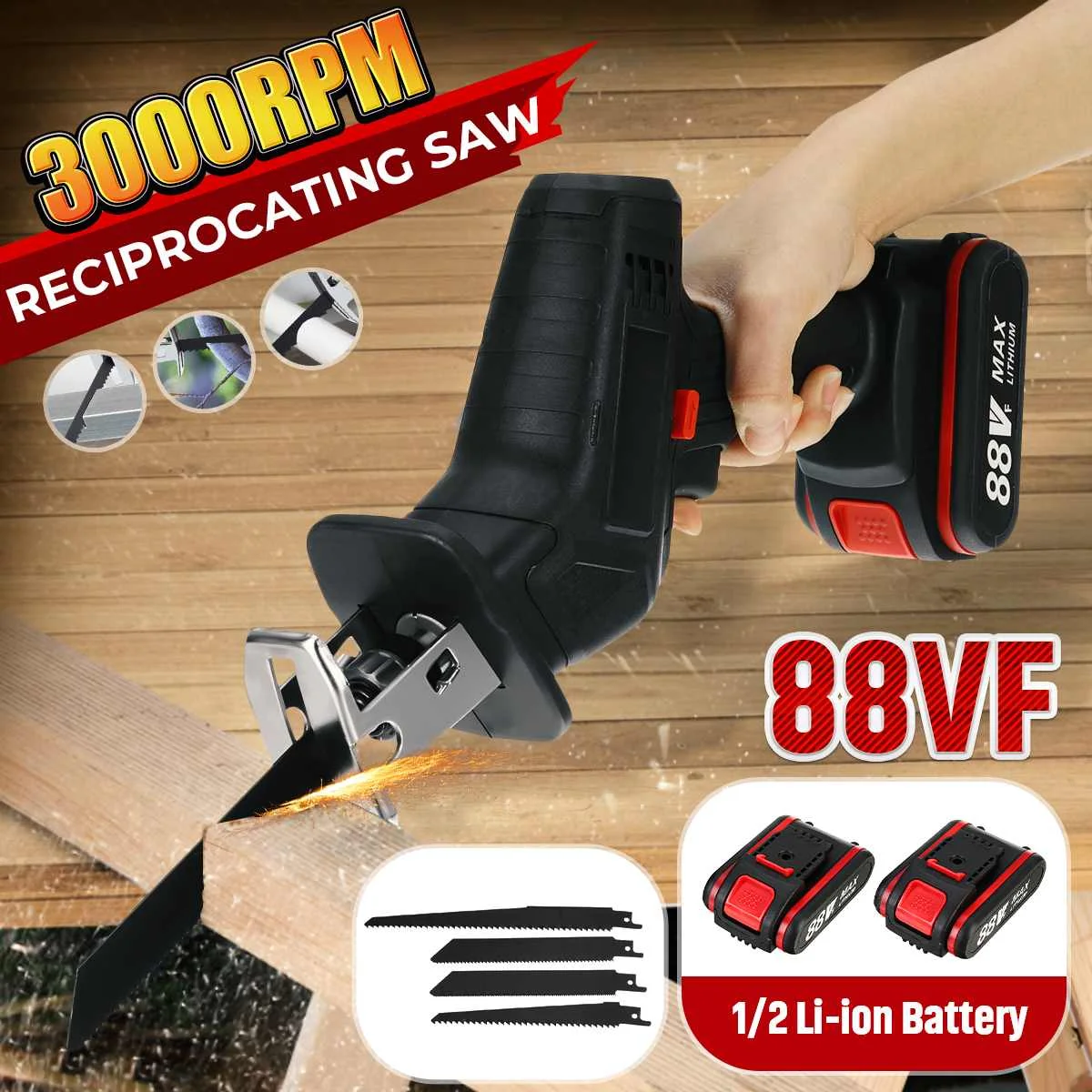 88V Cordless Electric Saw Reciprocating Saw Cutter Machine + 4 Saw Blades Metal Cutting Wood Tool Woodworking with 1/2 Battery
88V Cordless Electric Saw Reciprocating Saw Cutter Machine + 4 Saw Blades Metal Cutting Wood Tool Woodworking with 1/2 Battery