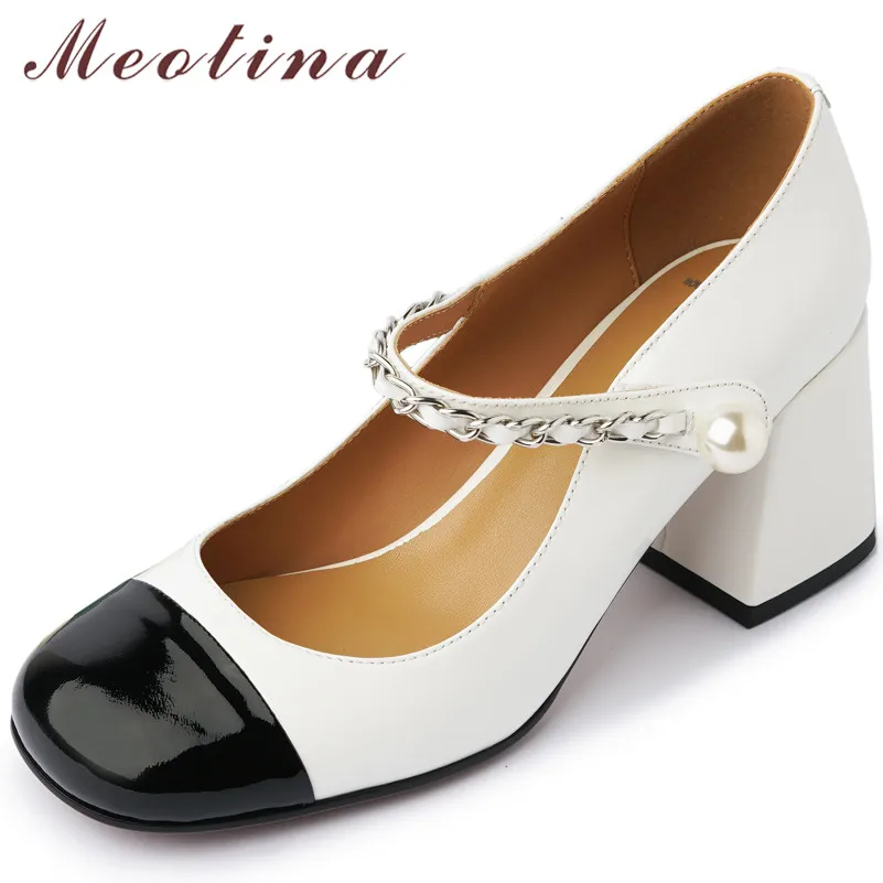 Meotina Square Toe Mary Janes Shoes Women Real Leather High Heels Pearl Chain Pumps Block Heel Ladies Footwear Spring White 40
Meotina Square Toe Mary Janes Shoes Women Real Leather High Heels Pearl Chain Pumps Block Heel Ladies Footwear Spring White 40