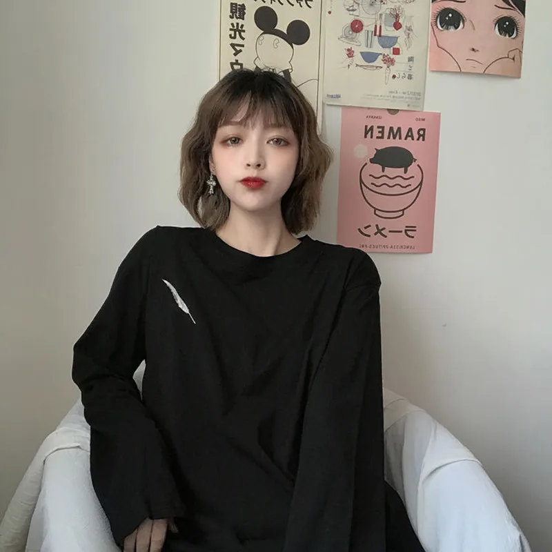 2021 Spring New Style Korean Loose Loose Thin Solid Color Top Loose Feather Embroidery Long-sleeved T-shirt Women's Clothing 
2021 Spring New Style Korean Loose Loose Thin Solid Color Top Loose Feather Embroidery Long-sleeved T-shirt Women's Clothing