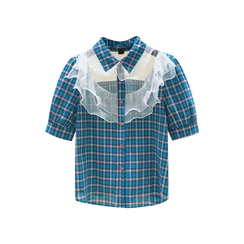 Ruffled Mesh Stitching Plaid Shirts Womens Loose Short Sleeve Summer Blouse Female Clothing New Ladies Blusas 2021
Ruffled Mesh Stitching Plaid Shirts Womens Loose Short Sleeve Summer Blouse Female Clothing New Ladies Blusas 2021