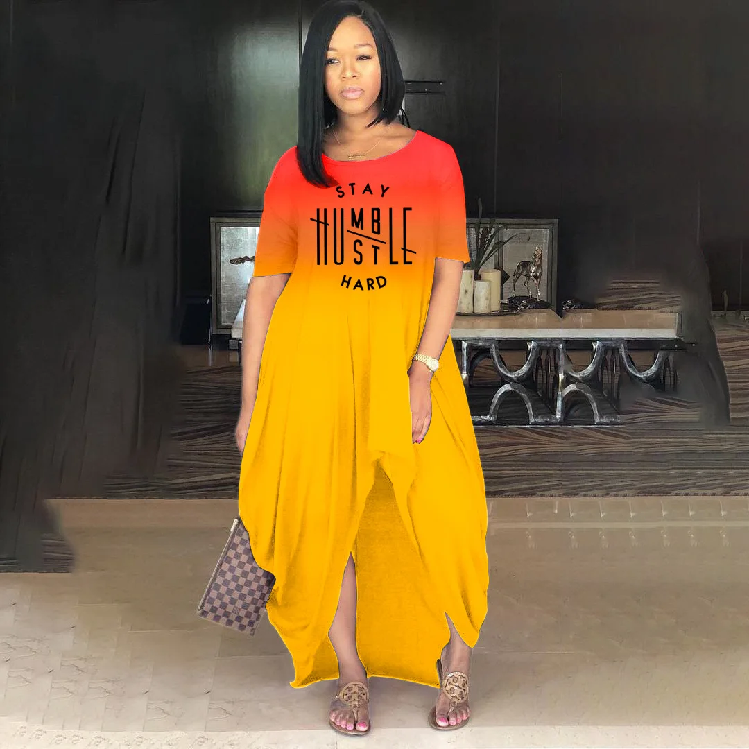 2021 New Female Casual Loose Maxi Dress Fashion Print Letters Gradient Split O Neck Loose Summer Dress for Women
2021 New Female Casual Loose Maxi Dress Fashion Print Letters Gradient Split O Neck Loose Summer Dress for Women