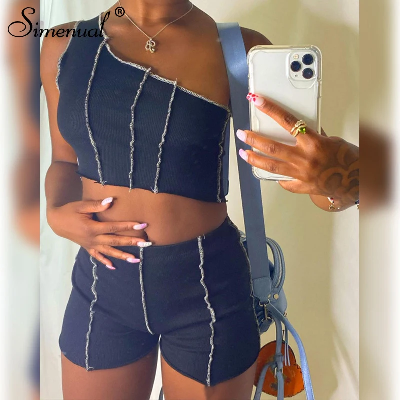 Simenual Ribbed Cropped Top And Shorts Matching Sets One Shoulder Patchwork Women's Bodycon Two Piece Outfits Summer Sportswear
Simenual Ribbed Cropped Top And Shorts Matching Sets One Shoulder Patchwork Women's Bodycon Two Piece Outfits Summer Sportswear