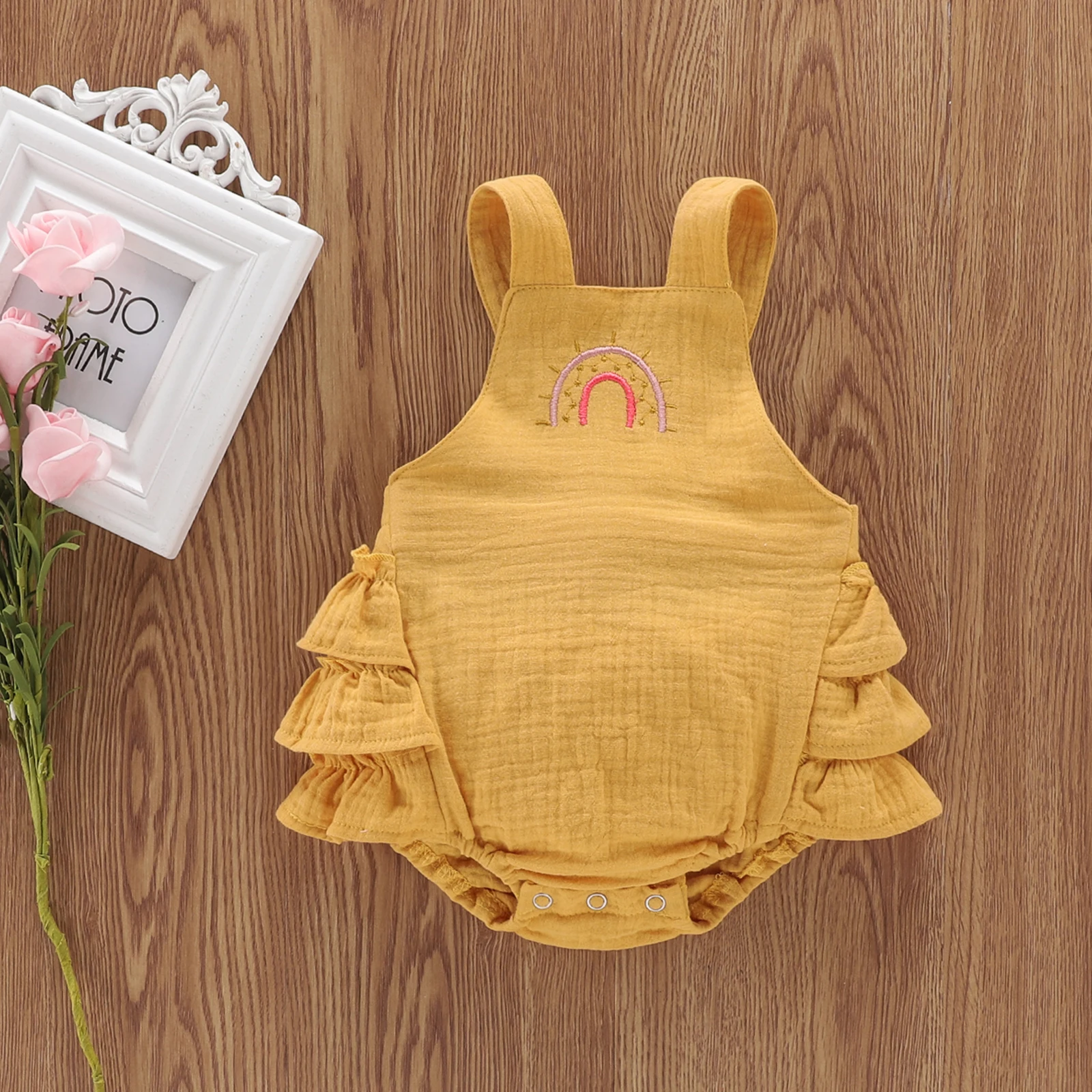 0-12m Infant Baby Girls Summer Romper , Cartoon Embroidery Strap Ruffle Romper with Headband 2Pcs Outfits Set
0-12m Infant Baby Girls Summer Romper , Cartoon Embroidery Strap Ruffle Romper with Headband 2Pcs Outfits Set