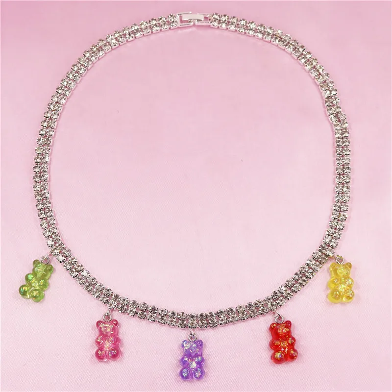 Rainbow Candy Color Cute Resin Teddy Bear Rhinestone Necklace Exquisite Crystal Pendant For Women Girl Birthday Party Gift 
Rainbow Candy Color Cute Resin Teddy Bear Rhinestone Necklace Exquisite Crystal Pendant For Women Girl Birthday Party Gift