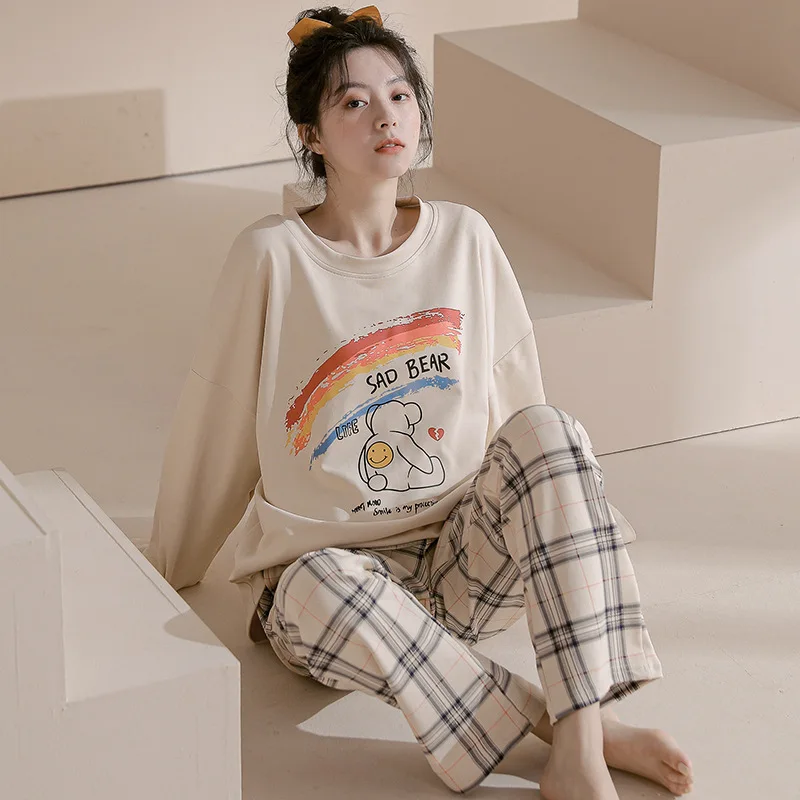 Women's Pajamas Spring Autumn Cotton Long-Sleeved Stitching Top Check Trousers Sleepwear Soft Cute Round Neck Pullover Homewear
Women's Pajamas Spring Autumn Cotton Long-Sleeved Stitching Top Check Trousers Sleepwear Soft Cute Round Neck Pullover Homewear