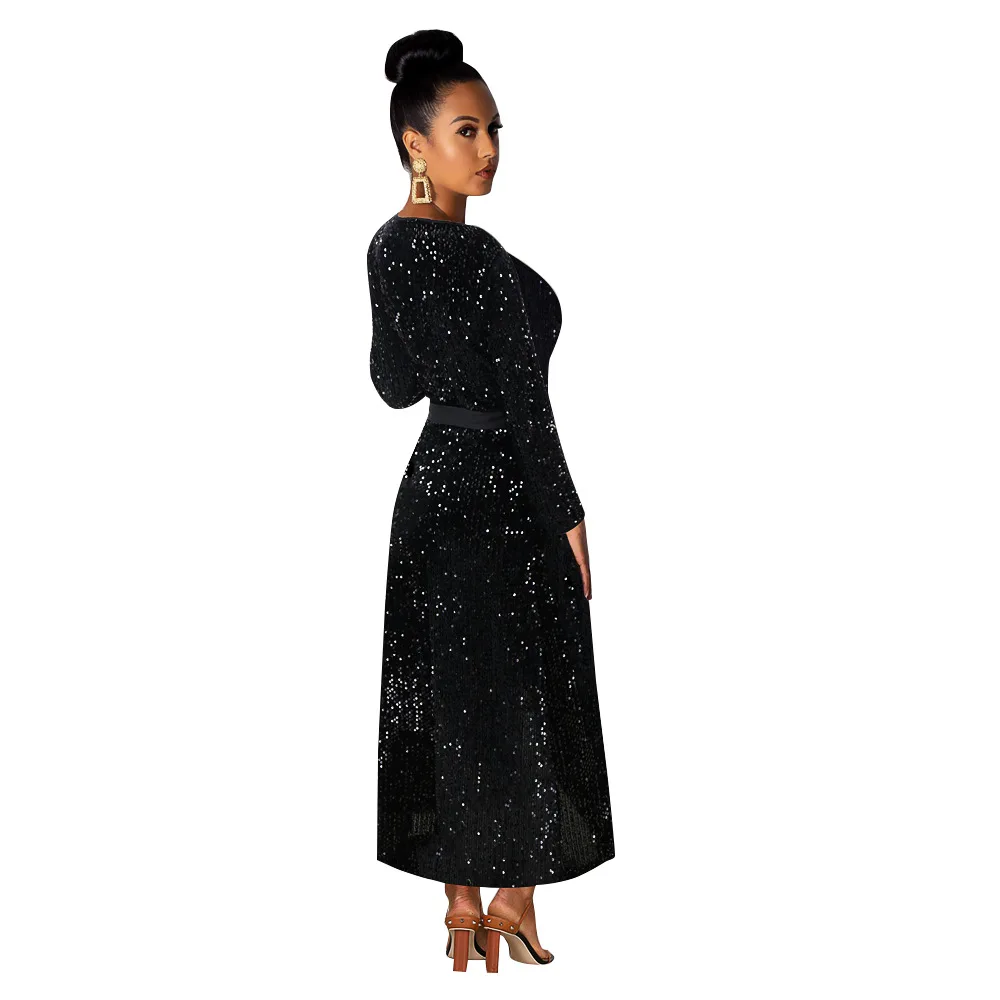 European and American Solid Color Stitching Sequin Sexy V-neck Long-Sleeve Dress Strap Split Banquet Evening Dress
European and American Solid Color Stitching Sequin Sexy V-neck Long-Sleeve Dress Strap Split Banquet Evening Dress