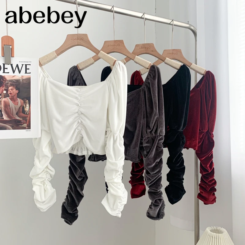 Korean Square collar Long Sleeve Shirt high waist pleated short solid color golden velour Shirt Top 2021 New Autumn Winter
Korean Square collar Long Sleeve Shirt high waist pleated short solid color golden velour Shirt Top 2021 New Autumn Winter