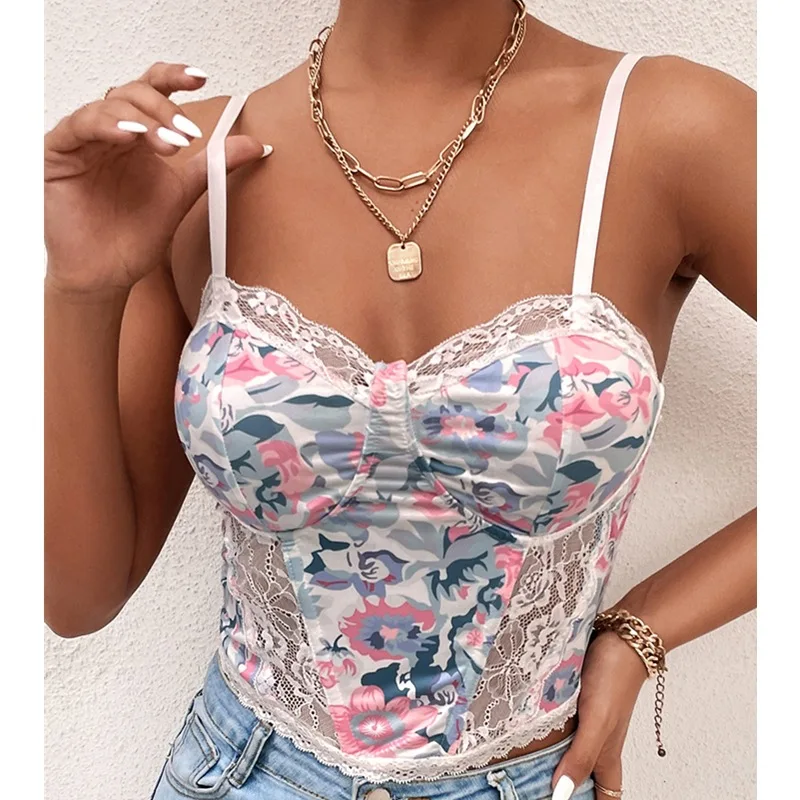New women's stitching sexy lace mesh contrast color sling exposed umbilical European and American small vest
New women's stitching sexy lace mesh contrast color sling exposed umbilical European and American small vest