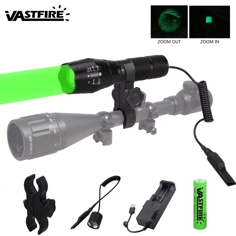 A100 Green LED Light Tactical Flashlight Zoomable Spot Flood Torch Hunting Lamp with Pressure Switch+18650 Battery | Освещение