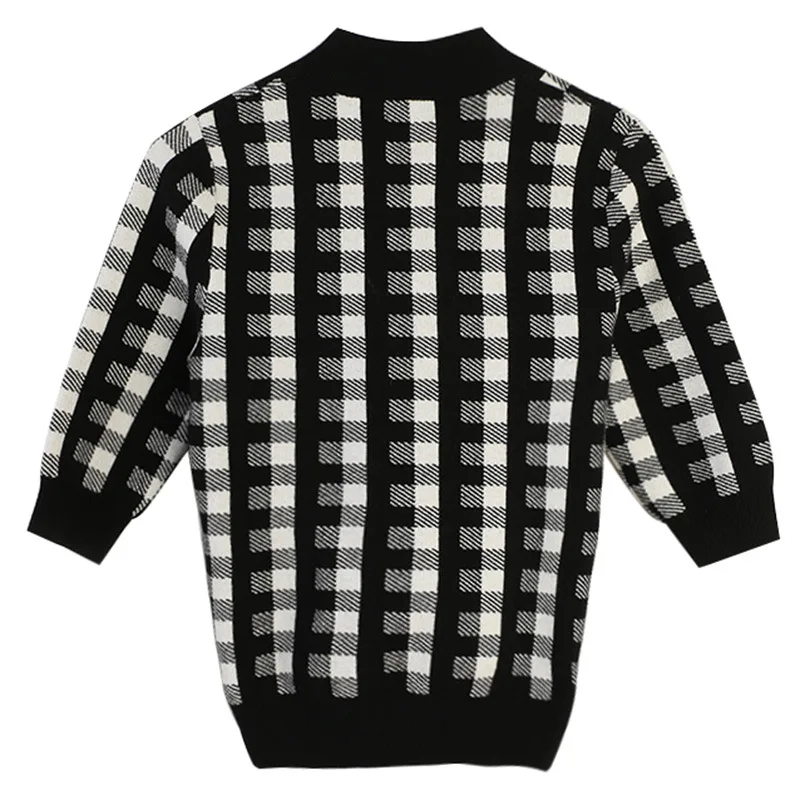 Retro Women Plaid Pullover Sweater 2019 Fashion Round Neck Half Sleeve Wool Blend Thin Knitted Top Sweaters Ladies Jumper | Женская