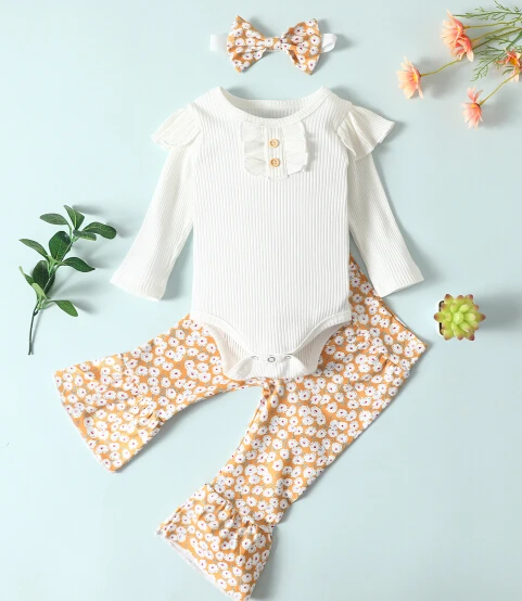 Baby's Clothing Set, Long Sleeve Romper and Print Daisy Pants and Headwear Three-piece Suit for Toddler Boys Girls
Baby's Clothing Set, Long Sleeve Romper and Print Daisy Pants and Headwear Three-piece Suit for Toddler Boys Girls