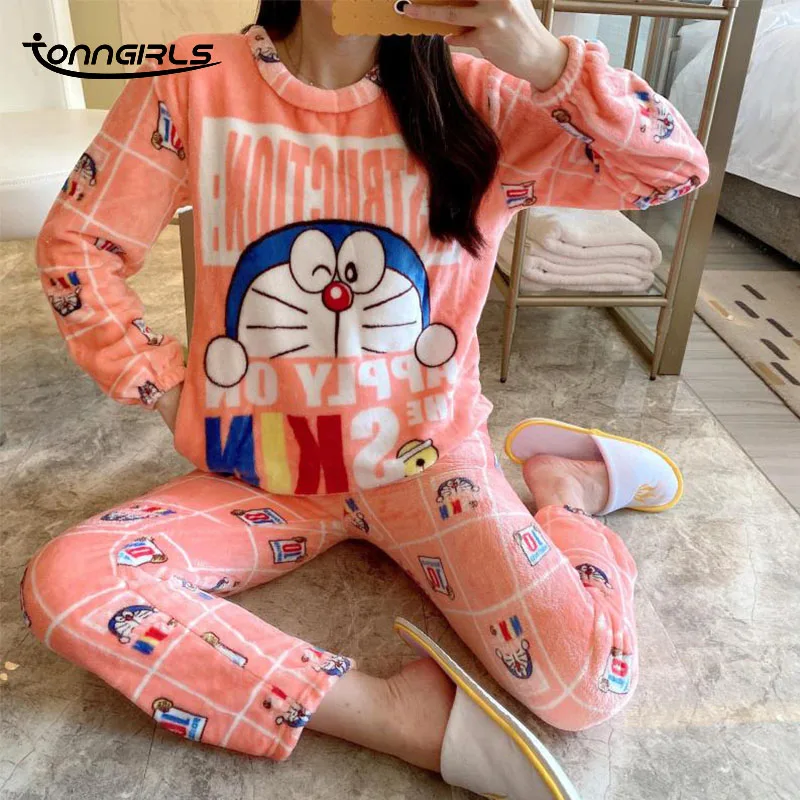 

Tonngirls 2021 Winter Warm Flannel Pyjamas Sets Women Thick Cartoon Sleepwear Doraemon Pajamas Set Cute Homewear Night Wear Suit