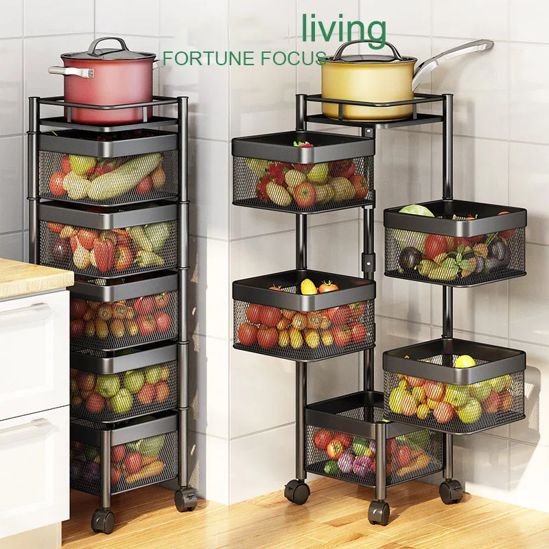 

Rotatable Storage Rack Organizer Kitchen Trolley Cabinet Multi-Layer Pot Shelf Fruit and Vegetable Basket Kitchen Accessries
