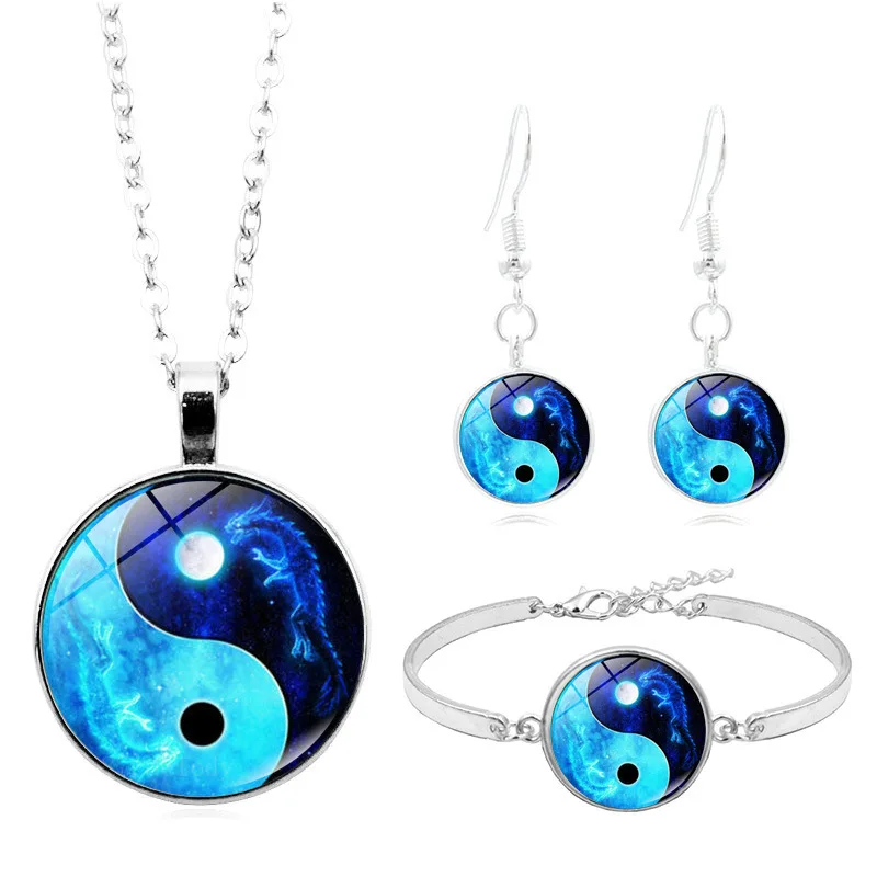 

Yin Yang Tai Chi Cabochon Glass Pendant Necklace Bracelet Bangle Earrings Jewelry Set Totally 4Pcs for Women's Fashion Jewelry