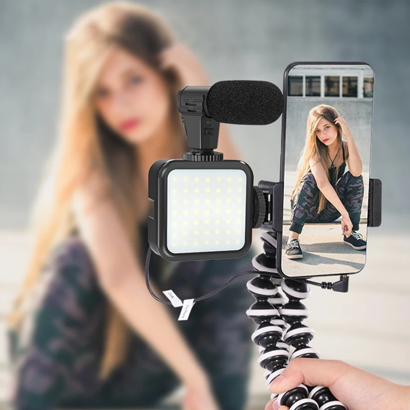 Professional Vlogging Kit Compatible for Ios Android Phone LED Light Microphone Tripod Stand Mount Live Broadcast | Электроника