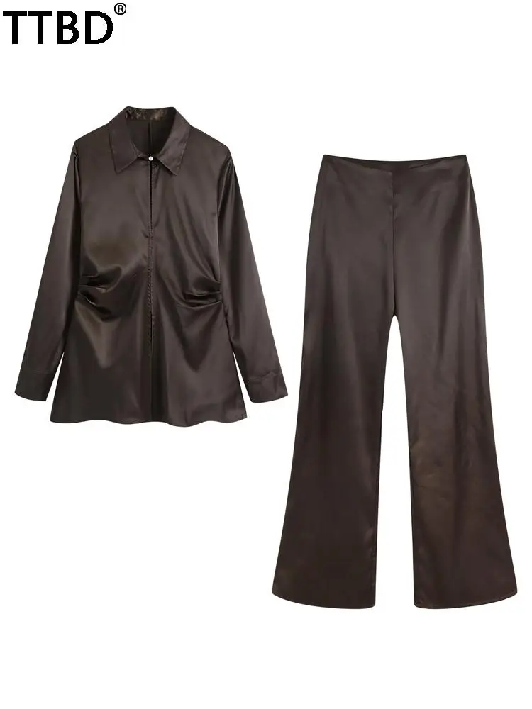TTBD pants sets Women 2021 fashion pleated long satin shirt blouses chic tops high waist satin-finish flared trousers mujer
TTBD pants sets Women 2021 fashion pleated long satin shirt blouses chic tops high waist satin-finish flared trousers mujer