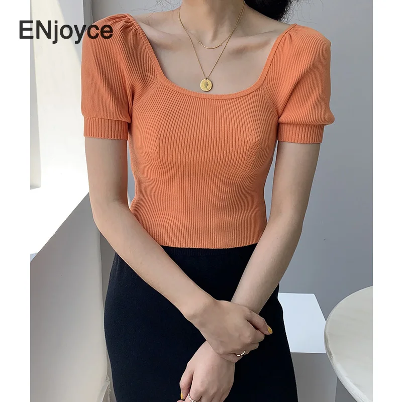 French Style Elegant Puff Sleeve Knitted T-shirt Women Fashion Square Neck Short Sleeve Vintage Orange Tee Cropped Tops Summer
French Style Elegant Puff Sleeve Knitted T-shirt Women Fashion Square Neck Short Sleeve Vintage Orange Tee Cropped Tops Summer