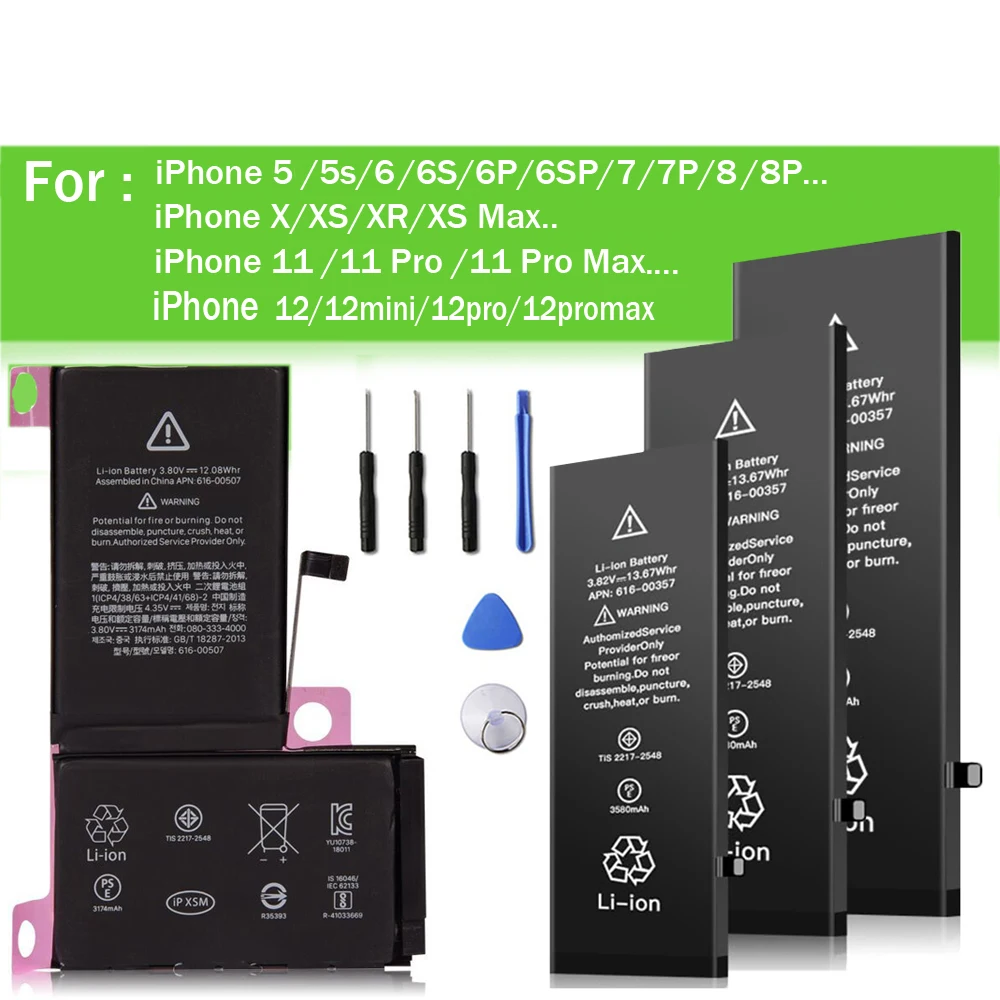 

Battery For Apple iPhone 12 XR 11 Plus X Xs Max 6 6S 7 Replacement Bateria High Capacity Bateria +Tools For IPhone 12Pro 5 8Plus