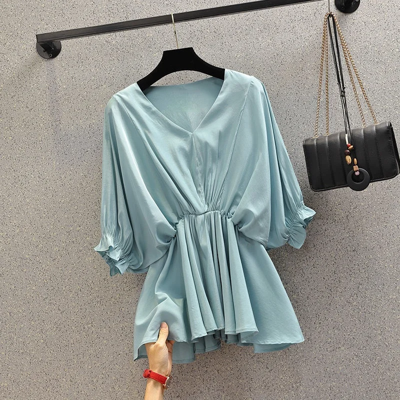 

Oversized Loose Solid Chiffon Women Blouse Summer New 2021 V-Neck Batwing Sleeved Slim Elegant Office Lady Pulls Outwear Tops