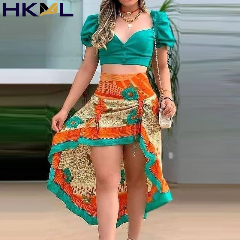 Women Skirt Set Printed Puffed Sleeve Colorblock V-neck Crop Top & Hollow Skirt Set
Women Skirt Set Printed Puffed Sleeve Colorblock V-neck Crop Top & Hollow Skirt Set