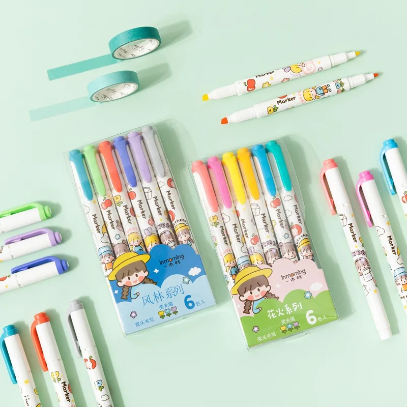 

6pcs Cute Cartoon Girl Highlighter Pen Set Dual Side Writing Fine Liner Bold Marker Drawing Paint Art Office School Gift A6910