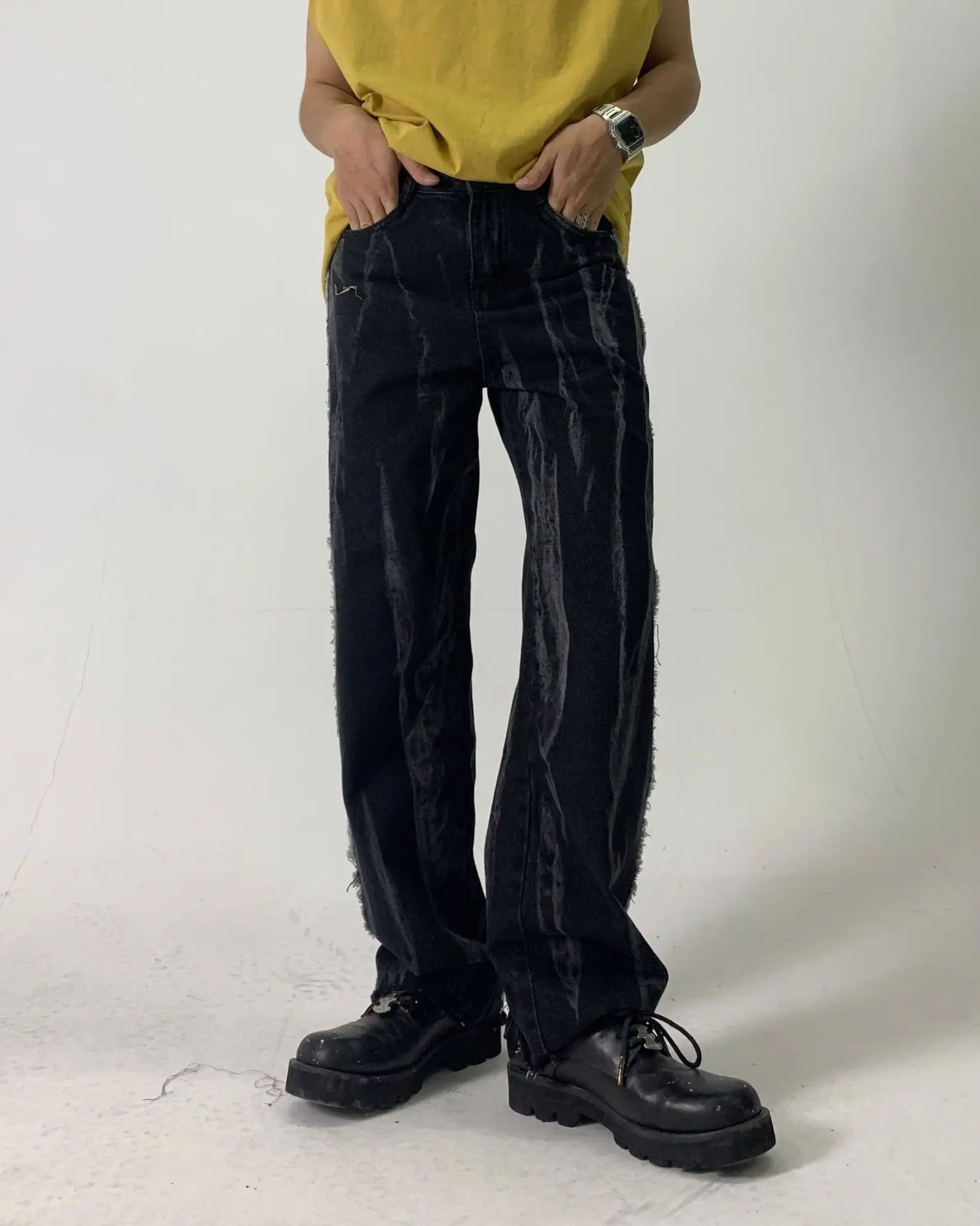 

EukaaRu Tie-dyed Washed Baggy Danim Jeans Men Women Hip Hop Black Casual Pants Patchwork Wide Leg Trousers Straight Men Clothing