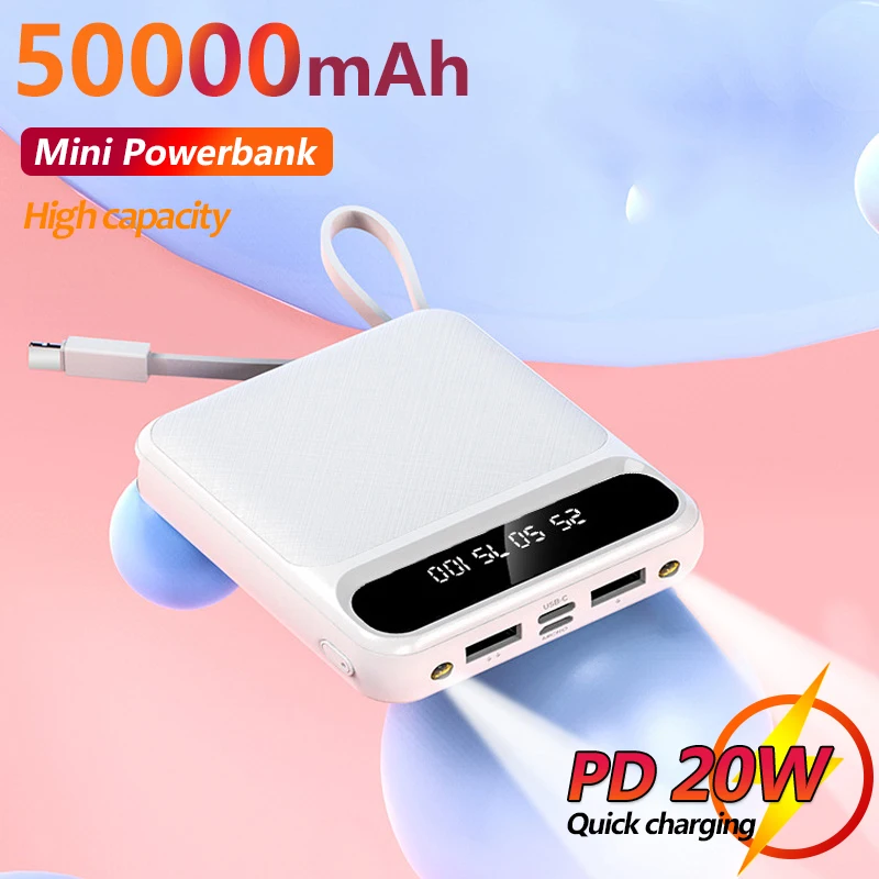Mini Power Bank 50000mAh with Digital Display Fast Charger Built-in Charging Cable Portable External Battery for IPhone Xiaomi
Mini Power Bank 50000mAh with Digital Display Fast Charger Built-in Charging Cable Portable External Battery for IPhone Xiaomi