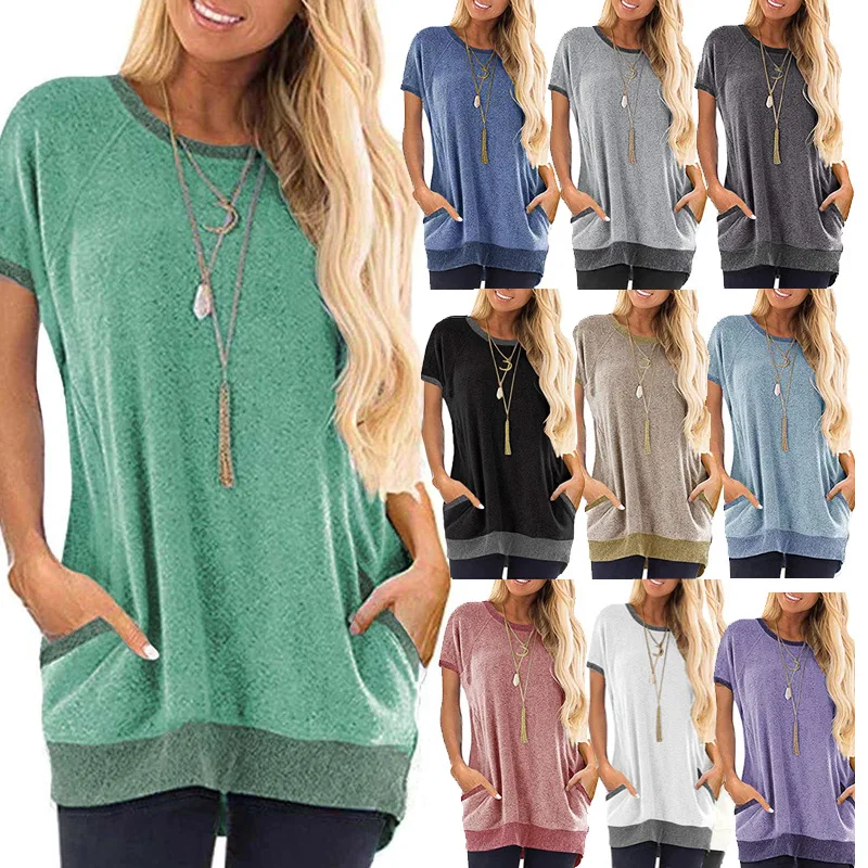 2021 fahion tshirts in spring and summer women's round neck color matching pocket top short sleeve Pullover T-shirt for woman
2021 fahion tshirts in spring and summer women's round neck color matching pocket top short sleeve Pullover T-shirt for woman