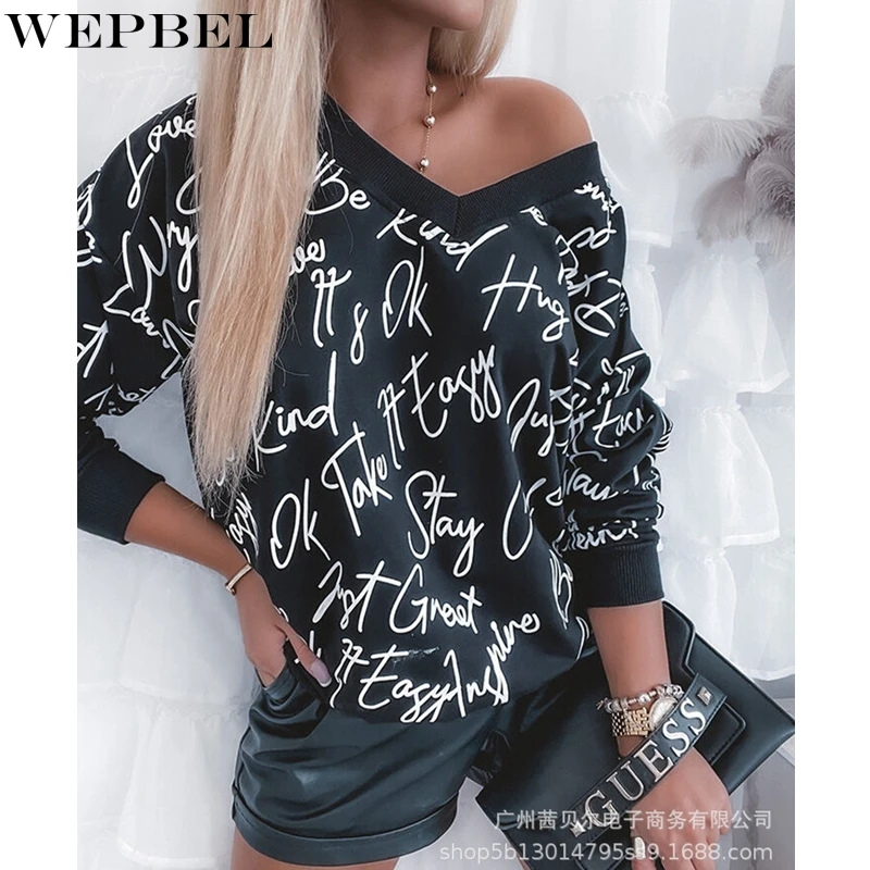 WEPBEL Sexy Off-Shoulder T-shirt Women's Casual Letter Printed Loose T-shirt Top Autumn V-neck Long Sleeve Pullover T-shirt
WEPBEL Sexy Off-Shoulder T-shirt Women's Casual Letter Printed Loose T-shirt Top Autumn V-neck Long Sleeve Pullover T-shirt