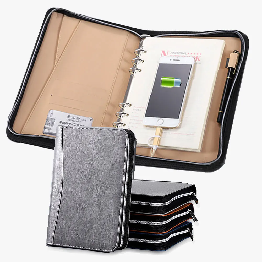 

Заряжаемая папка-портфель на молнии с мобильным блоком питания 8000 мАч, портативный деловой портфель, офисный кожаный блокнот