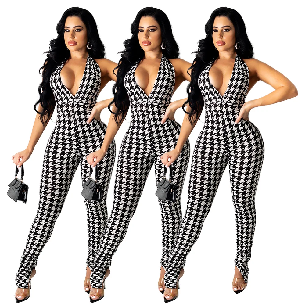 A6719 Europe and the United States summer women's thousand bird check hanging neck sleeveless low collar Jumpsuit spot supply wh 
A6719 Europe and the United States summer women's thousand bird check hanging neck sleeveless low collar Jumpsuit spot supply wh