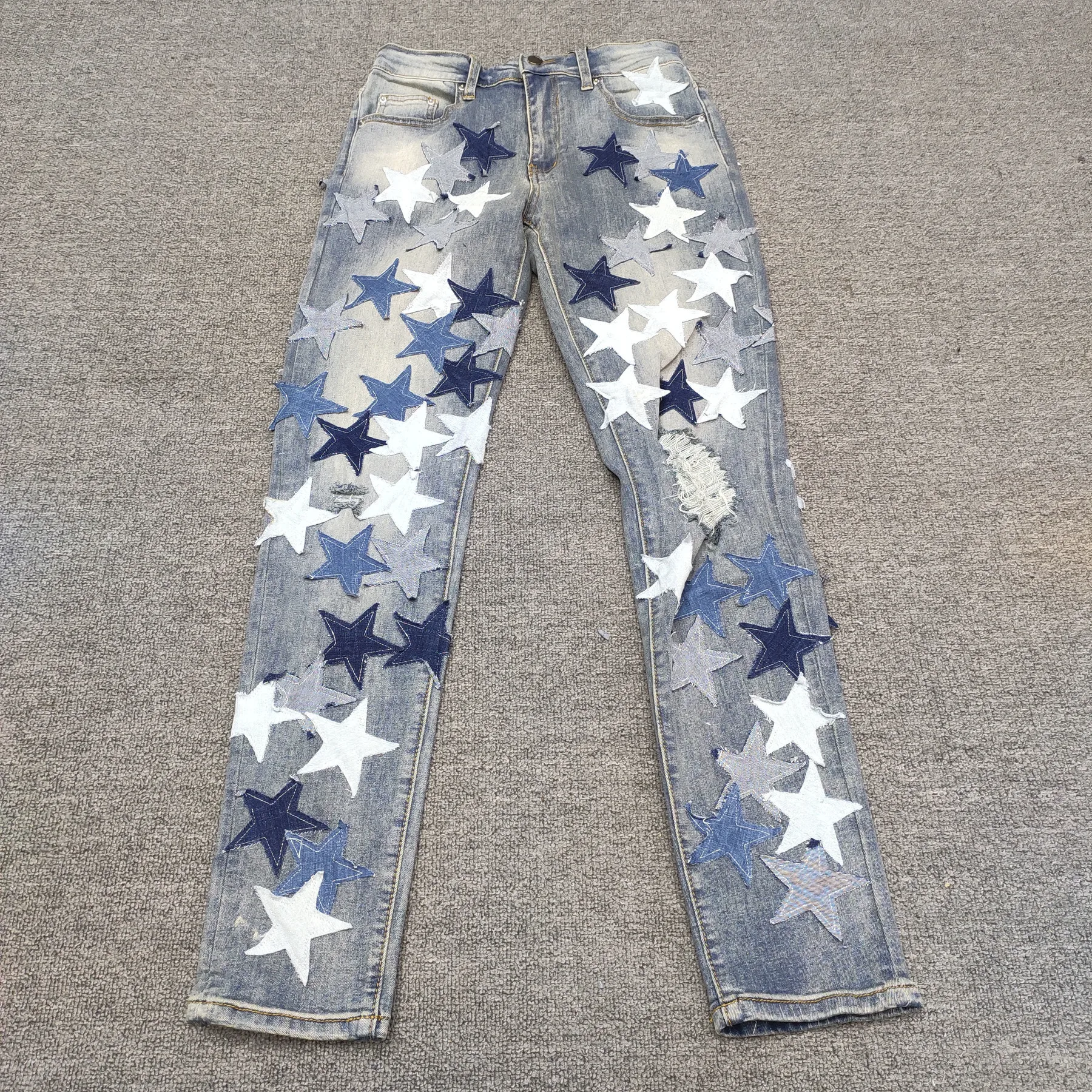 

America High Street Fashion Men Graphic Jean Blue Star Hole Stacked Jeans Star Stitching Feet Motorcycle Pant Patchwork Jean Men