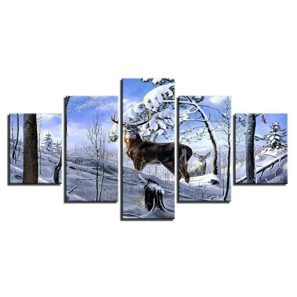 

Snow Mountain Forest Deers 5 piece HD Poster Art Wall Home Decor Canvas Print