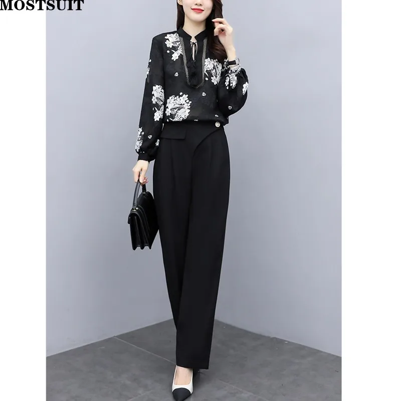 Workwear Elegant Two Piece Pant Sets Women Spring Autumn Floral Printed Blouse & Wide Leg Pants Fashion Ol Style Female Set 2022
Workwear Elegant Two Piece Pant Sets Women Spring Autumn Floral Printed Blouse & Wide Leg Pants Fashion Ol Style Female Set 2022