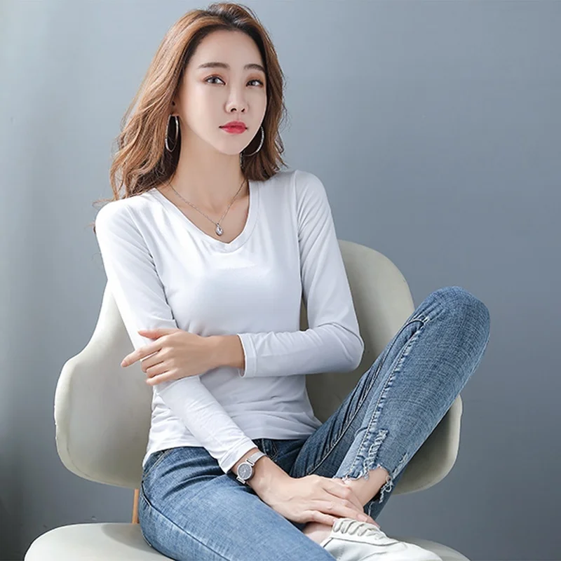 Modal T-shirt Women's Fashion V-neck Long Sleeve T-shirt Casual Solid Color T Shirt Women Tops Blusas
Modal T-shirt Women's Fashion V-neck Long Sleeve T-shirt Casual Solid Color T Shirt Women Tops Blusas
