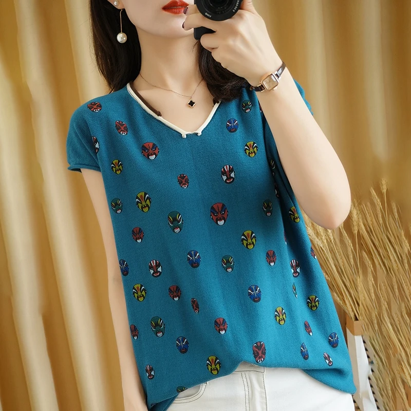 Women' Pure Cotton Knit Short Sleeve V-Neck T-Shirt Pullover Painted face Base Shirt 2021 Summer New Cotton Linen Large Size Top
Women' Pure Cotton Knit Short Sleeve V-Neck T-Shirt Pullover Painted face Base Shirt 2021 Summer New Cotton Linen Large Size Top