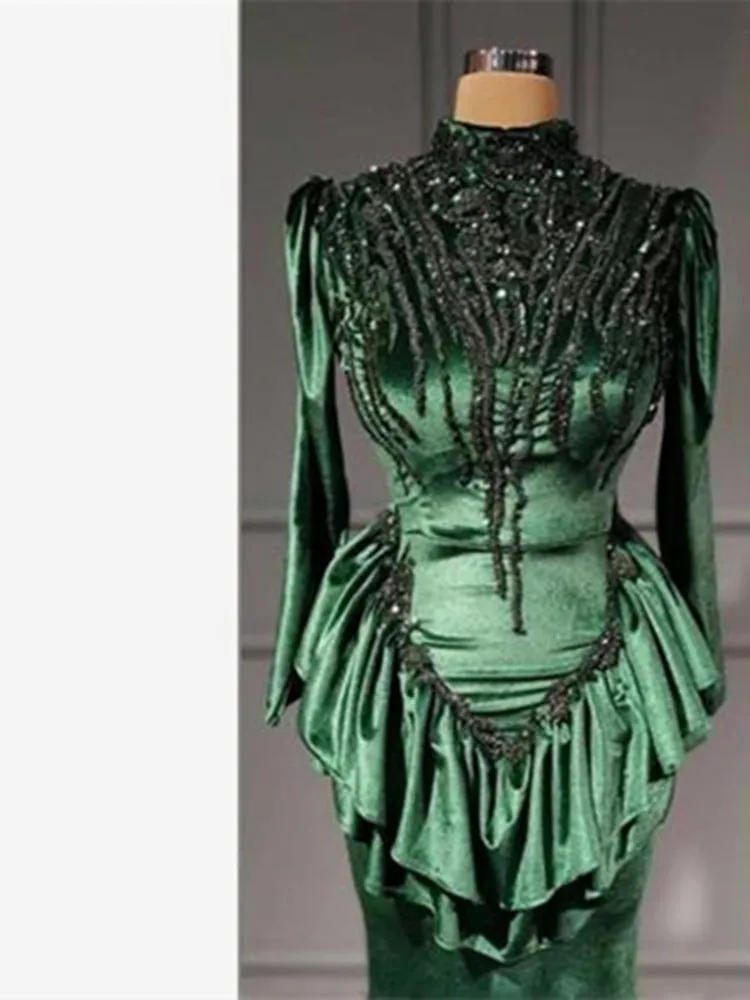 Dark Green Long Sleeves Evening Gowns High Neck Lace Appliques Beaded Ruffles Prom Dresses Saudi Arabia Muslim Robe De Soiree
Dark Green Long Sleeves Evening Gowns High Neck Lace Appliques Beaded Ruffles Prom Dresses Saudi Arabia Muslim Robe De Soiree