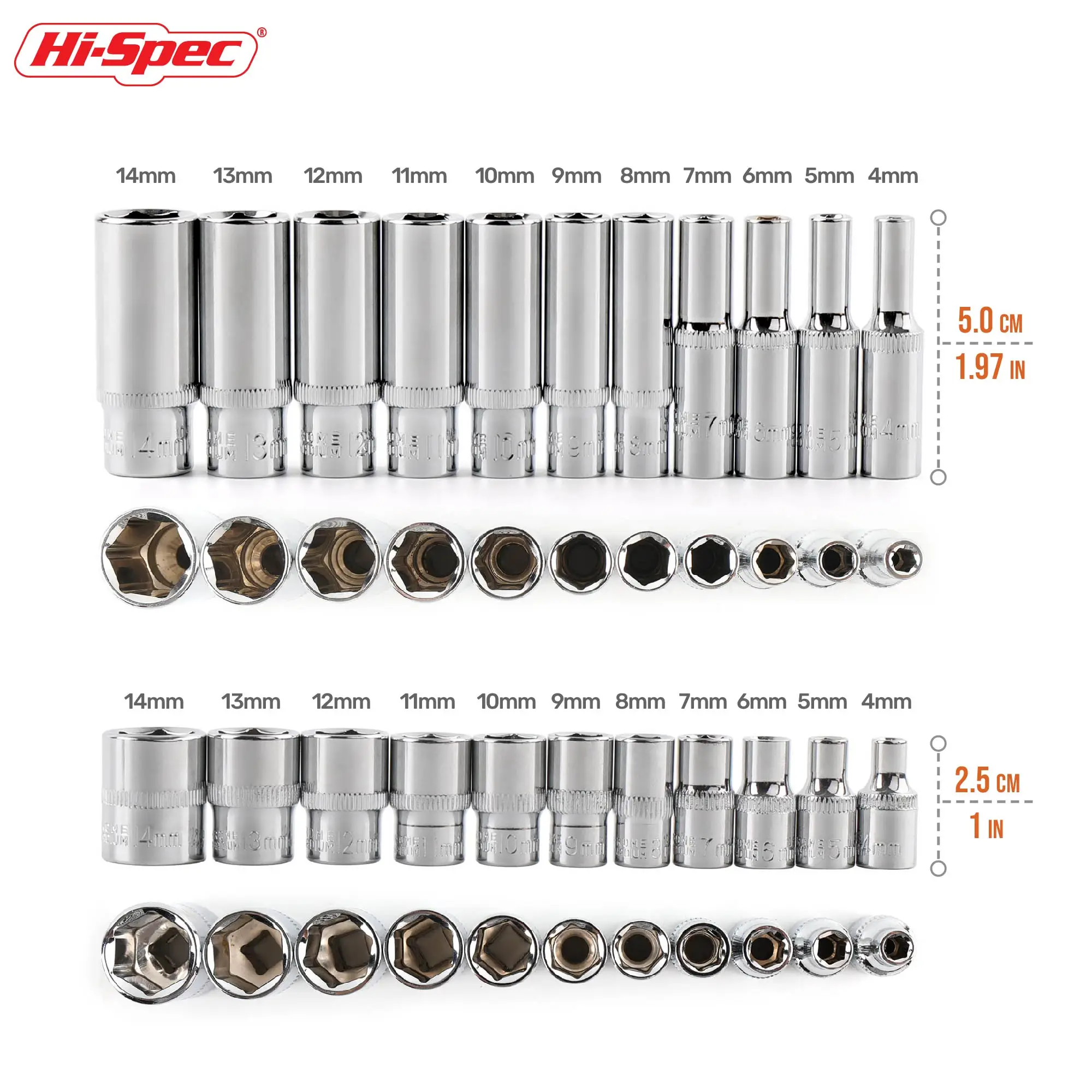 Набор торцевых гаечных ключей Hi-Spec 1/4 дюйма 4-14 мм 6 точек короткий длинный |