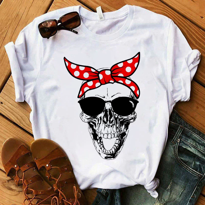 Summer fashion ladies skull flower print short-sleeved T-shirt Harajuku 2021 new women's short top
Summer fashion ladies skull flower print short-sleeved T-shirt Harajuku 2021 new women's short top