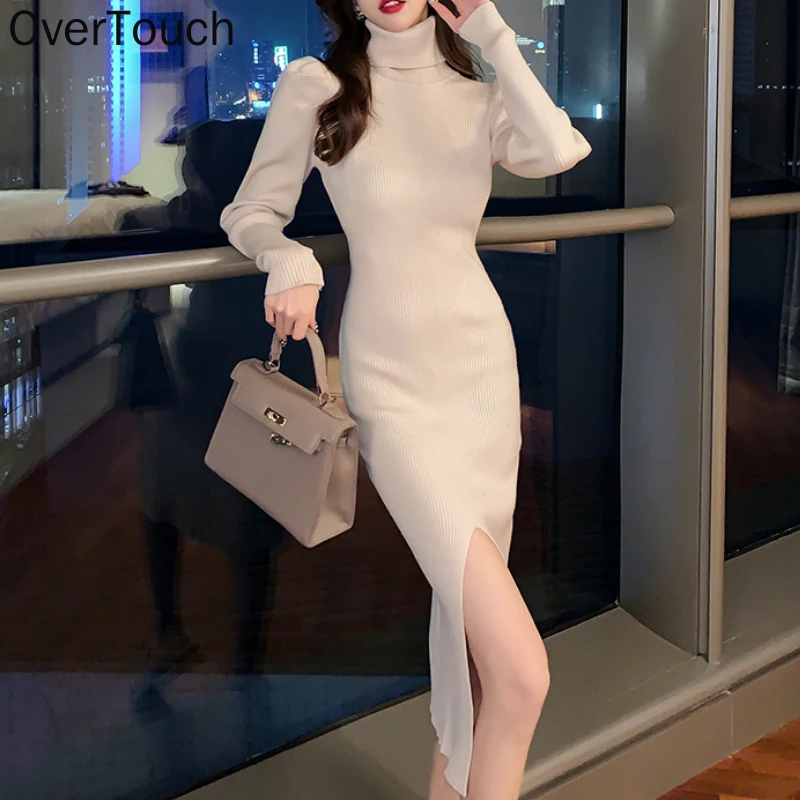 Overtouch Women's Autumn Winter Puff Sleeves Full Sleeves Midi Dresses OL Korean Style Fashion Slit Turtleneck Knitted Dress
Overtouch Women's Autumn Winter Puff Sleeves Full Sleeves Midi Dresses OL Korean Style Fashion Slit Turtleneck Knitted Dress