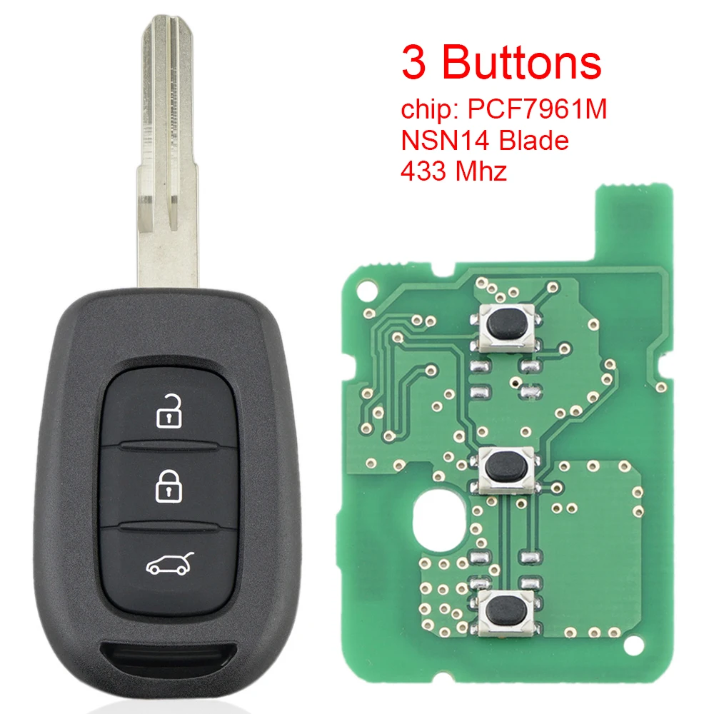 433MHz 3 Buttons Car Remote Key with PCF7961M Chip and NSN14 Blade Fit for Renault Symbol Trafic Dacia Duster Logan Sandero
433MHz 3 Buttons Car Remote Key with PCF7961M Chip and NSN14 Blade Fit for Renault Symbol Trafic Dacia Duster Logan Sandero