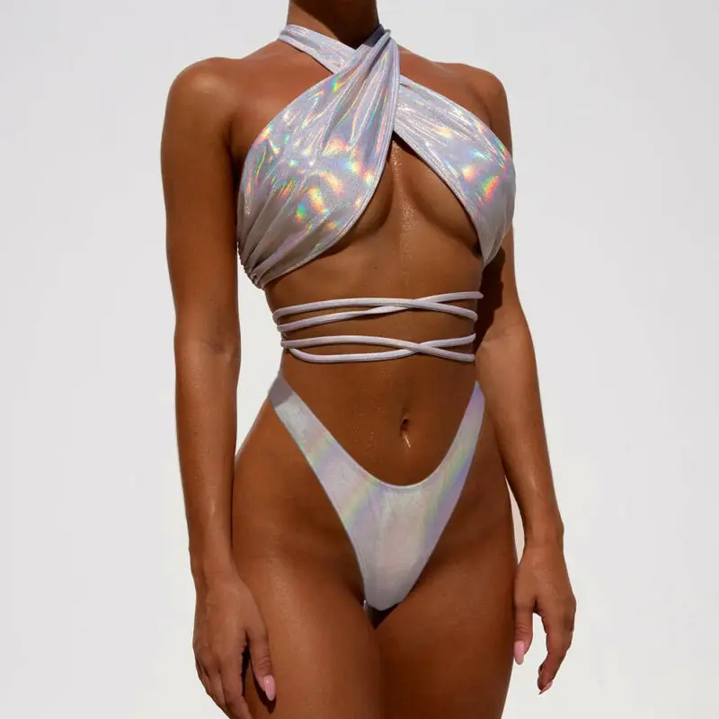 Women Shiny Halter Bikini Set Push-Up Padded Swimwear Cross Bandage Swimsuit Sexy High Waist Thong Bathing Beachwear Brazilian
Women Shiny Halter Bikini Set Push-Up Padded Swimwear Cross Bandage Swimsuit Sexy High Waist Thong Bathing Beachwear Brazilian
