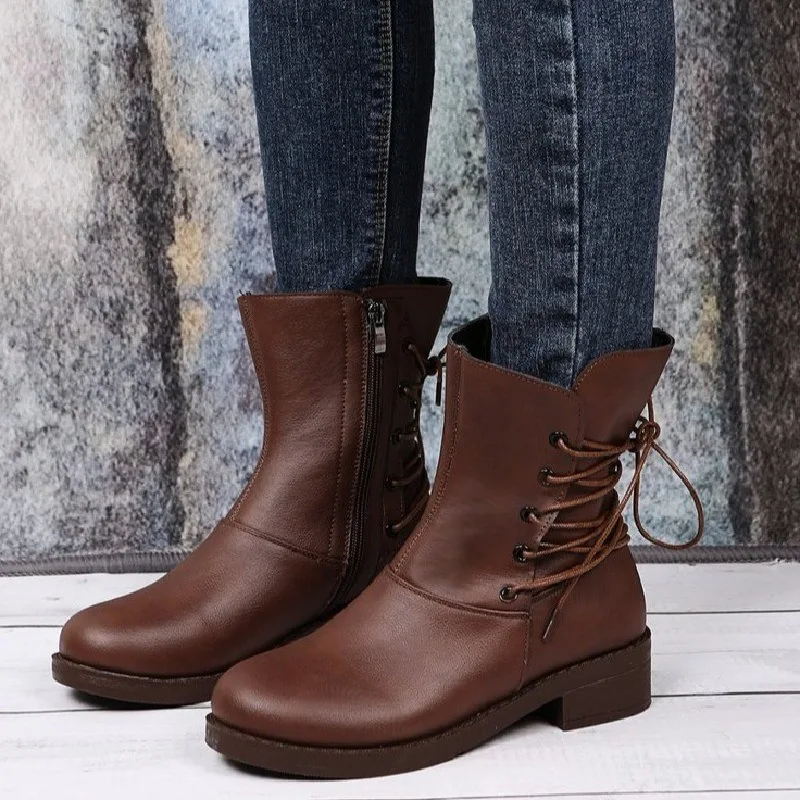 2021 New Women Flat Pu Cowboy Boots Female Cross-tie Rivet Mid-Calf Boots Autumn Winter Woman Low Square Heel Shoes Black Brown
2021 New Women Flat Pu Cowboy Boots Female Cross-tie Rivet Mid-Calf Boots Autumn Winter Woman Low Square Heel Shoes Black Brown