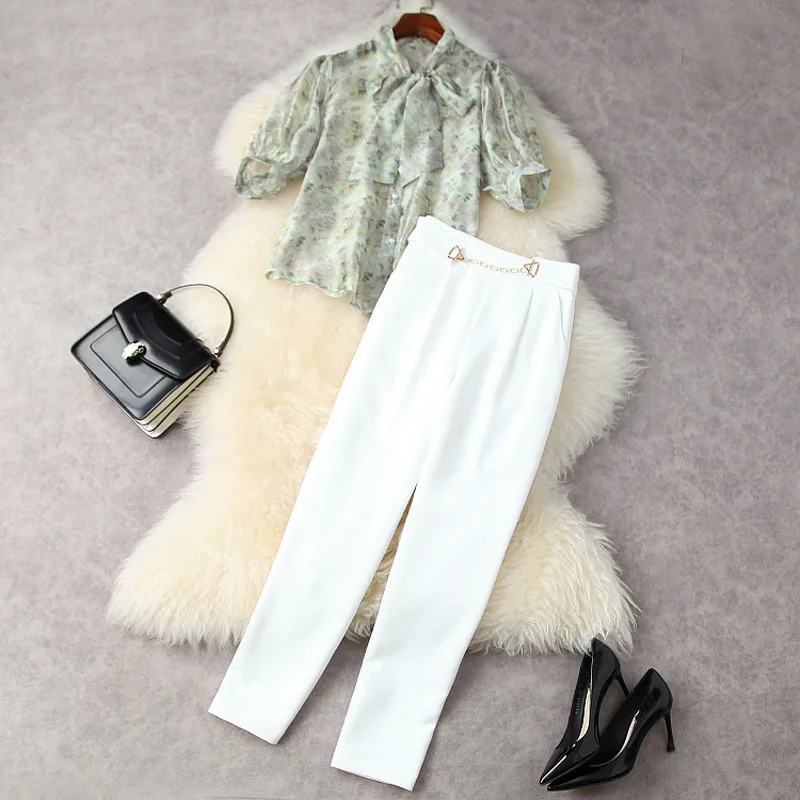 Женский офисный костюм из двух предметов, модельные дизайнерские шифоновые рубашки и брюки с бантом на воротнике и пышными рукавами, лето ... 
Женский офисный костюм из двух предметов, модельные дизайнерские шифоновые рубашки и брюки с бантом на воротнике и пышными рукавами, лето ...