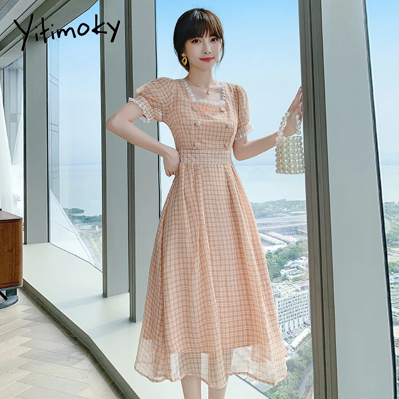 Yitimoky Plaid Woman Dress Lace Summer New Short Sleeve Korean Chic Clothing Mid-Calf Casual Cute Sweet Girls Empire Back Zipper
Yitimoky Plaid Woman Dress Lace Summer New Short Sleeve Korean Chic Clothing Mid-Calf Casual Cute Sweet Girls Empire Back Zipper