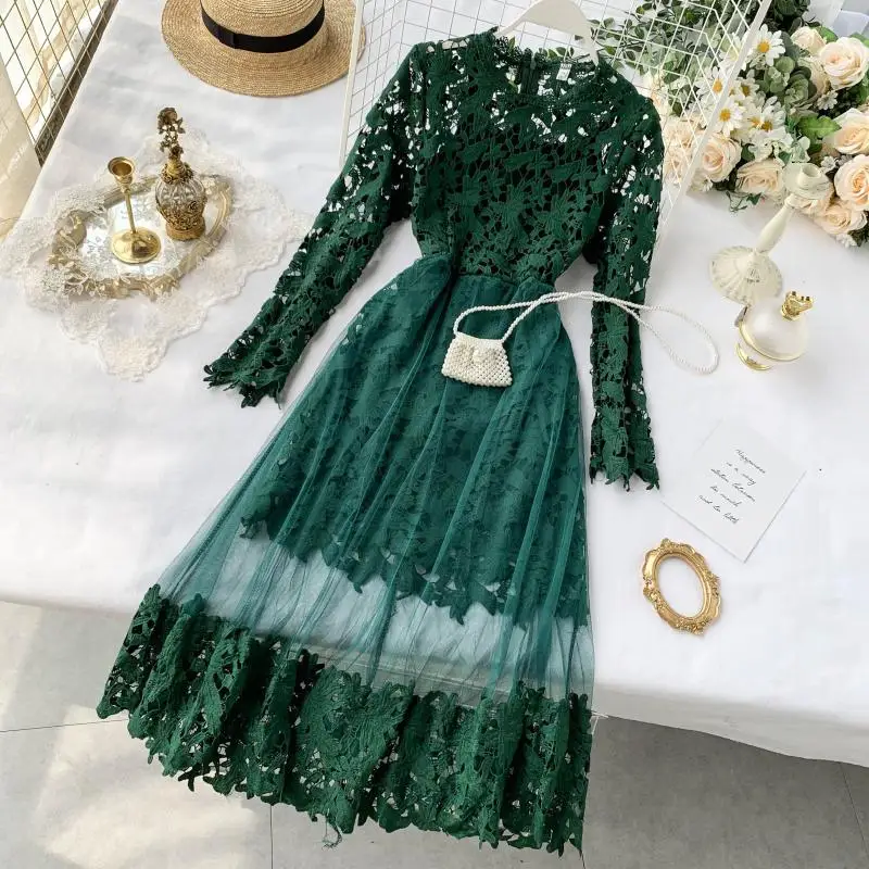 

2019 new fashion women's France dress female mesh yarn to receive the waist was thin sexy hollow lace