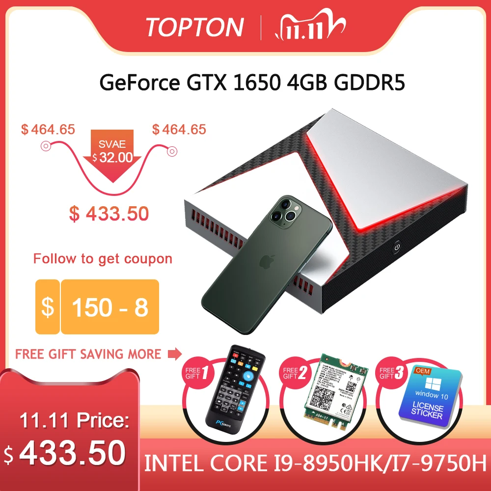 Фото Игровой мини ПК Intel Core i9 9980HK i7 9750H i5 9300H Nvidia GTX 1650 4 Гб игровой Настольный 2 * DDR4 64 Windows 10
