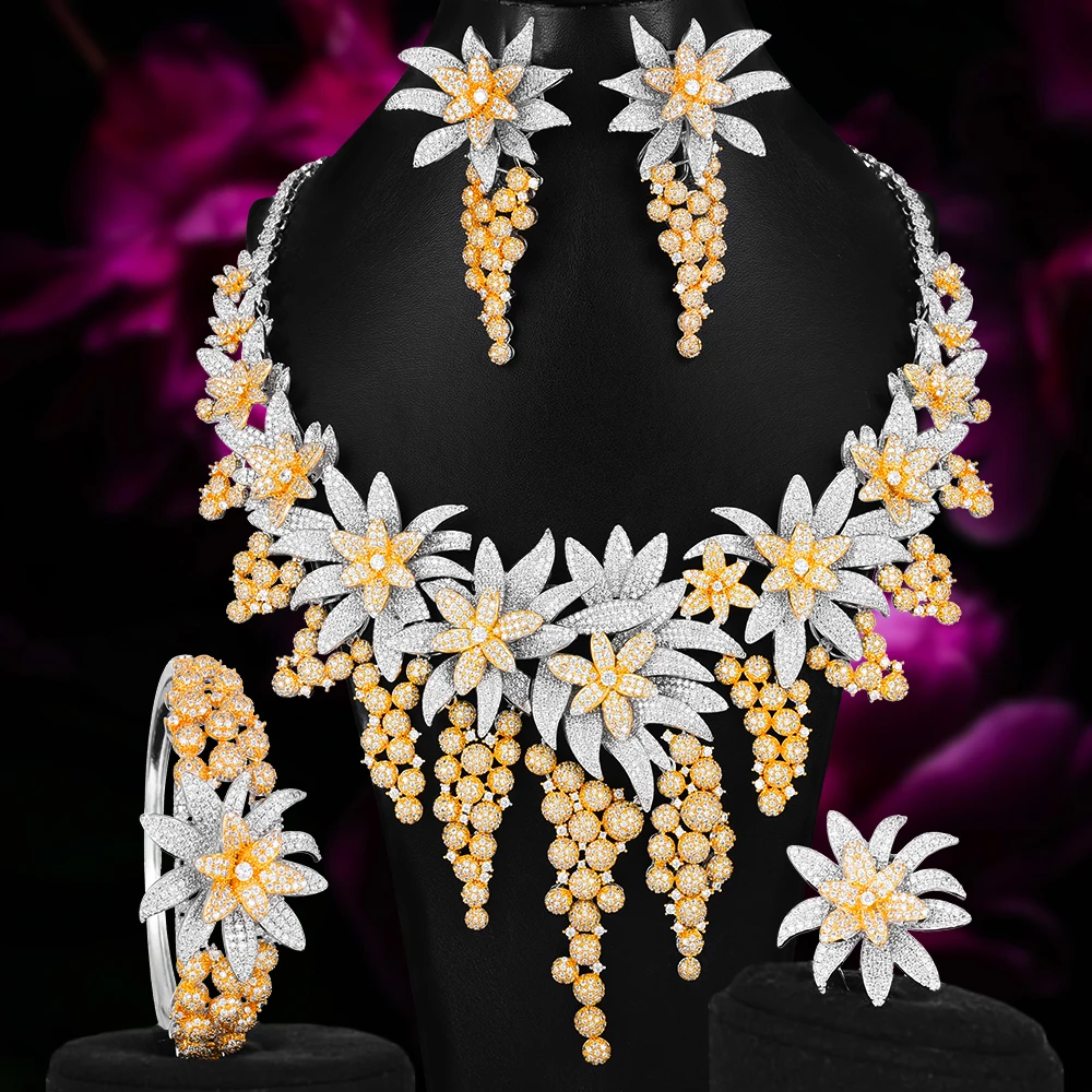 Nigerian Luxury Flowers Leaf Cubic Zircon Necklace Earring Bangle Ring 4PCS Jewelry Sets For Women Wedding african jewelry set
Nigerian Luxury Flowers Leaf Cubic Zircon Necklace Earring Bangle Ring 4PCS Jewelry Sets For Women Wedding african jewelry set