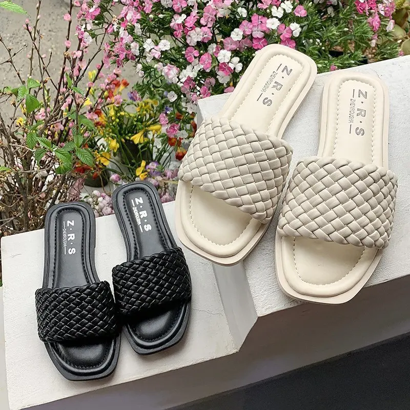 

Summer Slipper Open Toe Flat Slippers Women Shoes Woman Slides Solid Leather Cross Beach Slippers 2021 New Flip Flops Plus Size